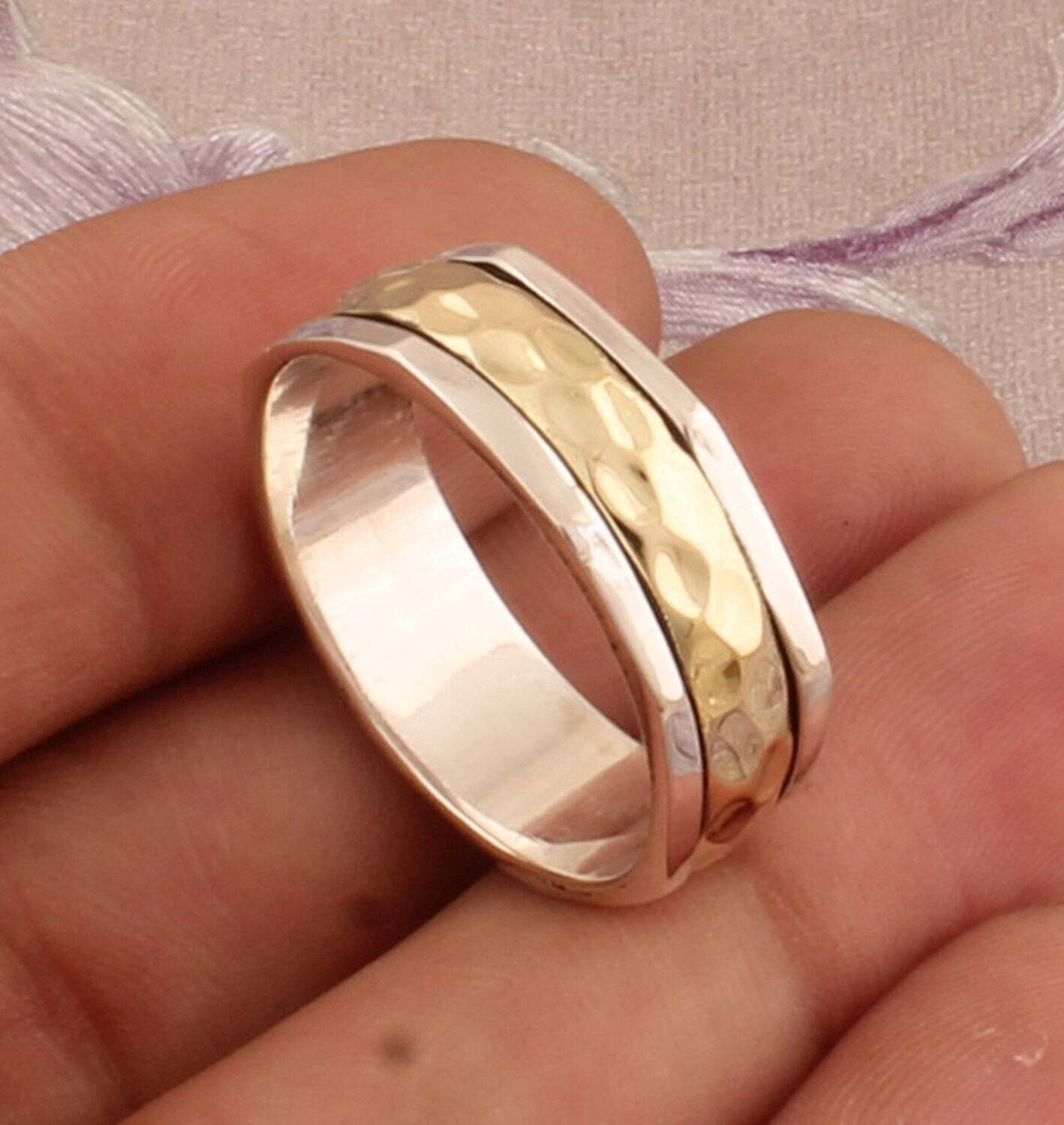 925 Sterling Silver Designer Hammered Spinner Ring, Handcrafted Textured Thumb Silver Ring, Silver &amp; Brass Boho Ring, Christmas Gift Idea