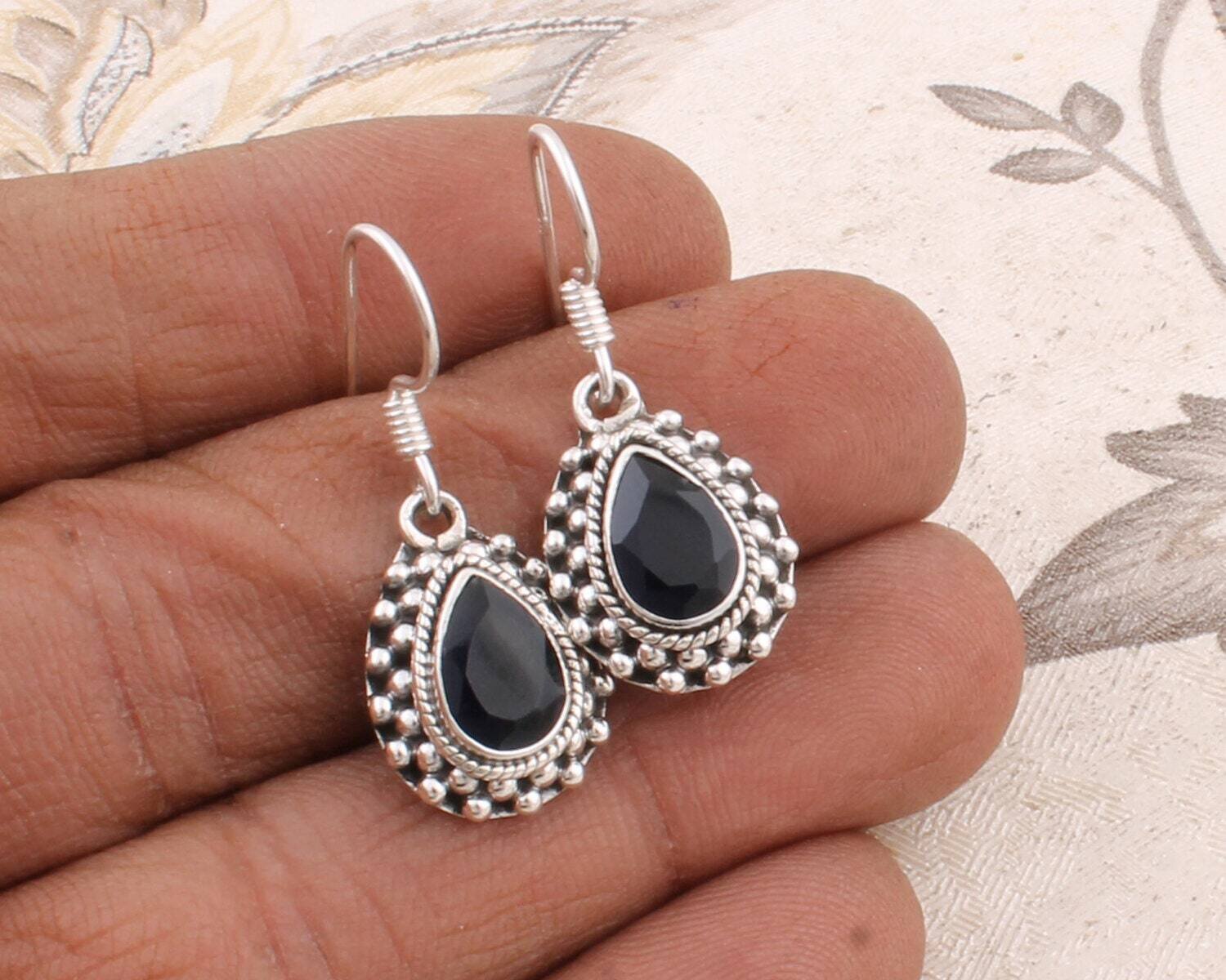 Black Onyx Earring, Sterling Silver Earring, Dangle Earring, Boho Earring, Bridal Gift, Artisan Jewelry, Promise Earring, Vintage Earring