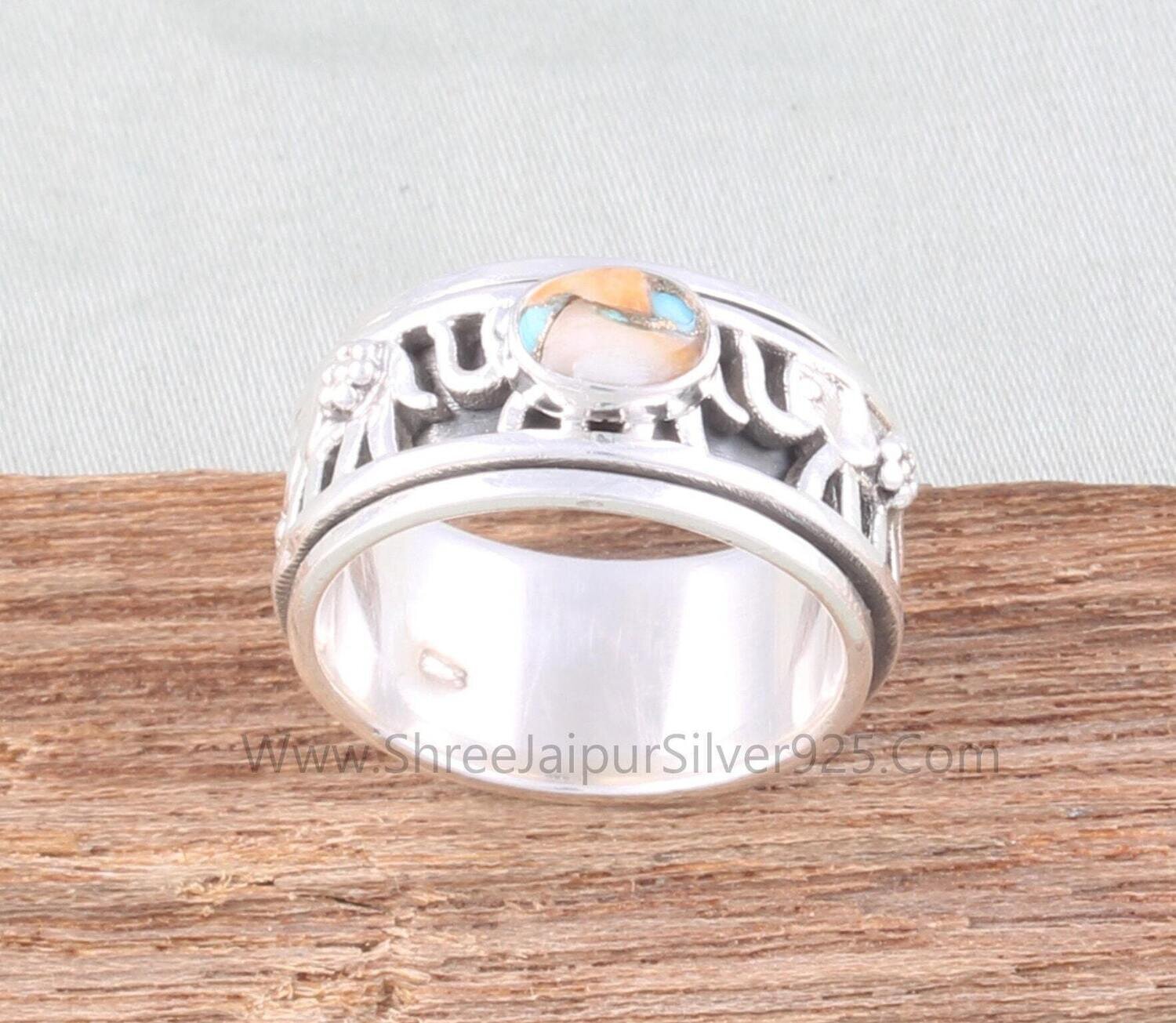 Oyster Copper Turquoise Oval Solid 925 Sterling Silver Elephant Spinner Ring For Women, Handmade Band Anxiety Fidget Ring Gifts Anniversary