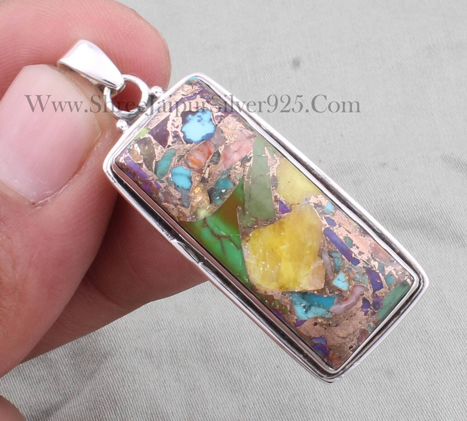 Mix Copper Turquoise Necklace Gemstone Pendant, 925 Sterling Silver Pendent, Boho Rectangle Shape Pendant For Wedding Anniversary woman Gift