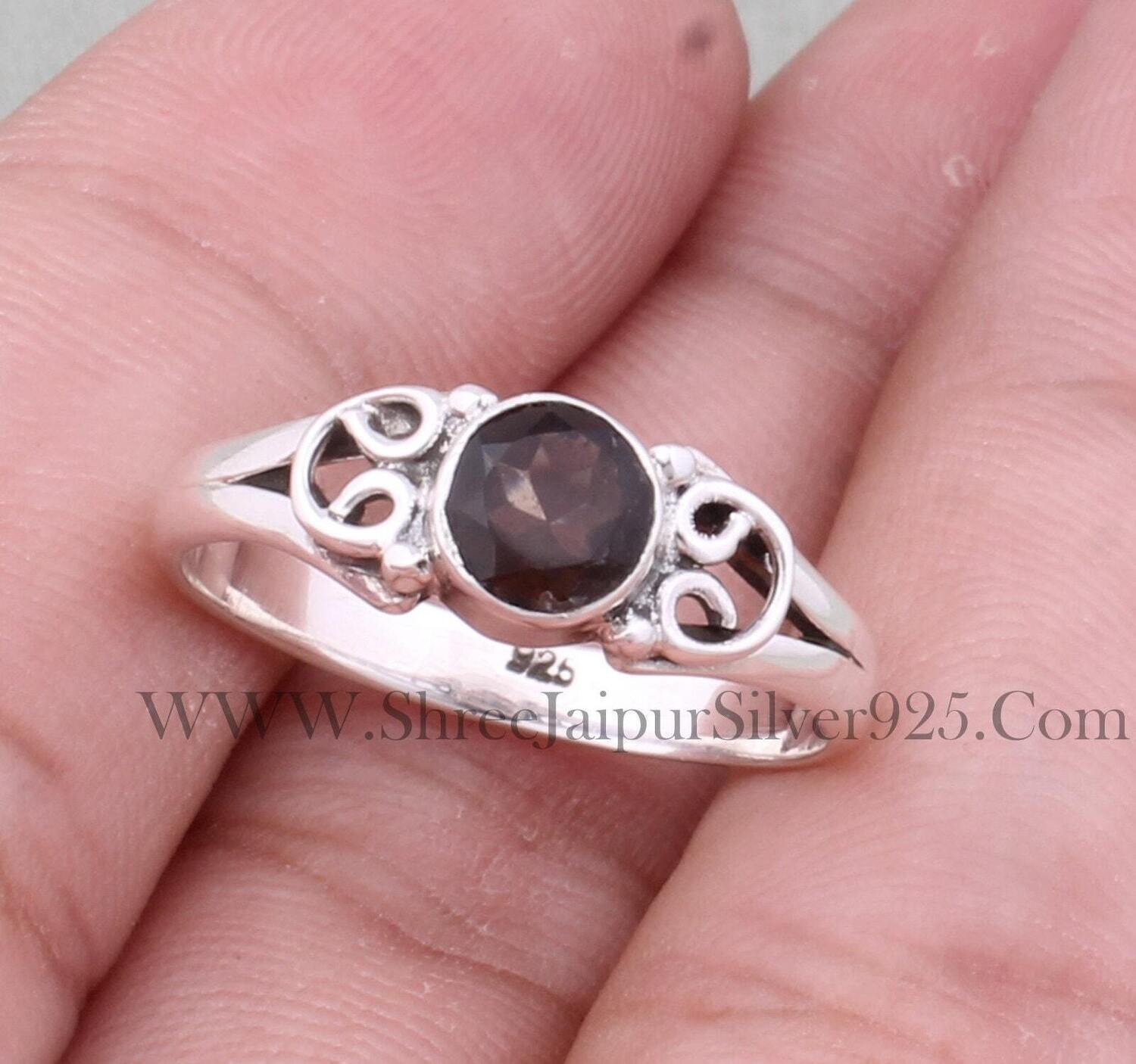 Round Cut Gemstone Ring, Natural Smoky Topaz Solid 925 Sterling Silver Ring For Her, Handmade Solid Silver Ring For Women Wedding Gift Idea