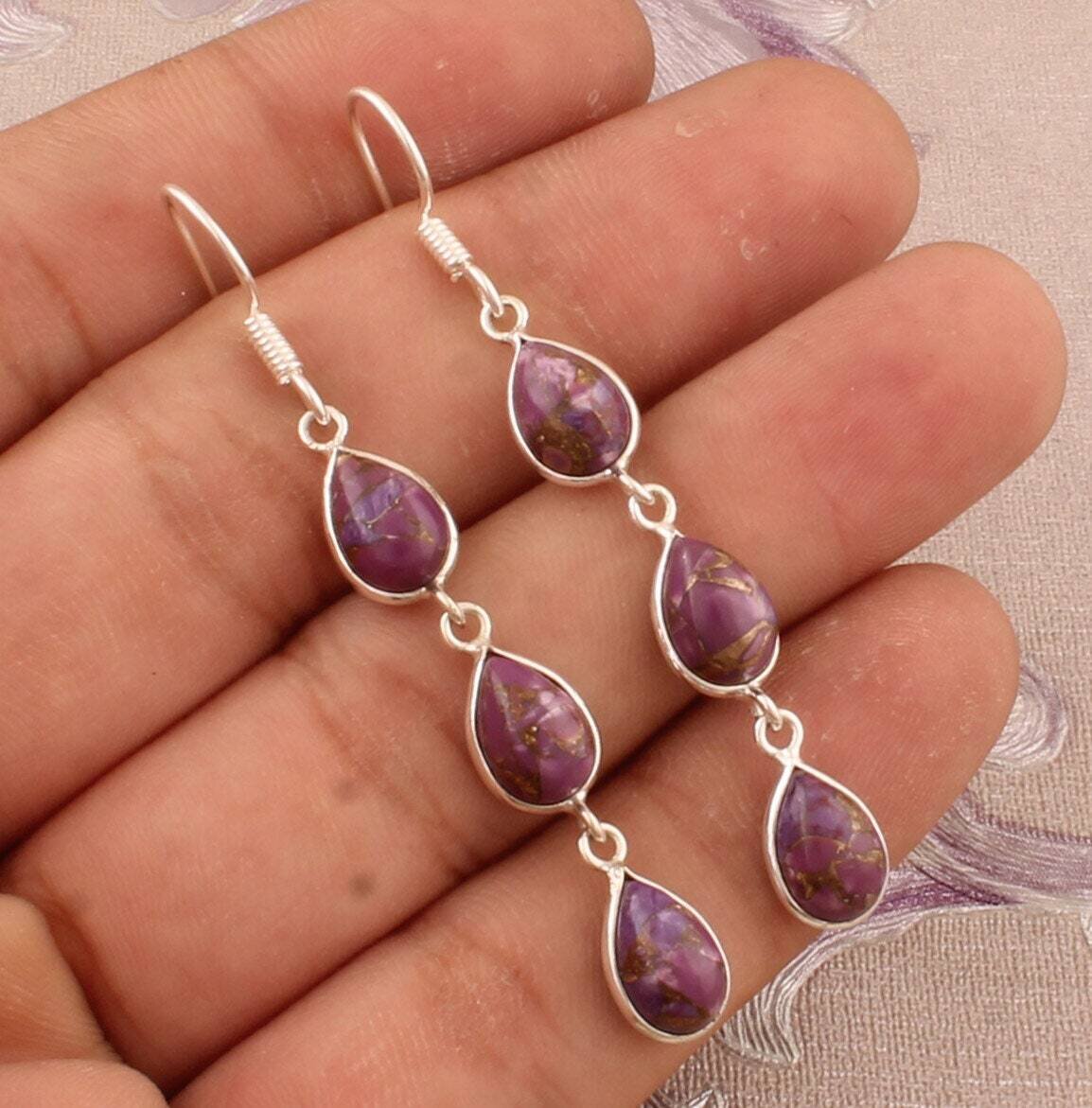 Purple Copper Turquoise Bezel Set Three Stone Earrings, 925 Sterling Silver Cabochon Gemstone Earring, Handcrafted Earrings, Gift For Her