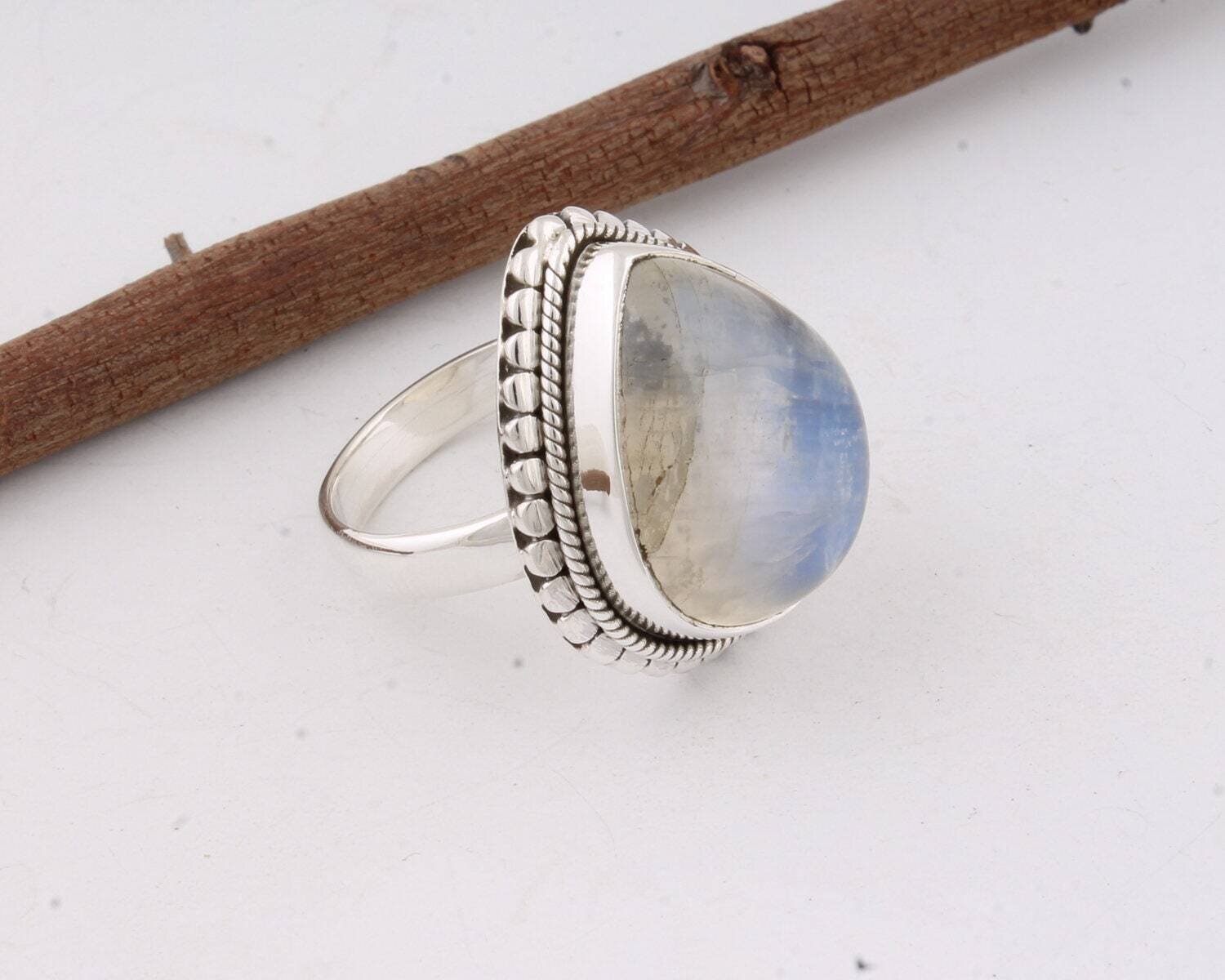 Silver Ring 925 Sterling Silver Ring With Rainbow Moonstone-Handmade Silver Ring Boho Middle Ring Antique Silver ETSYCYBER2021Cyber2021
