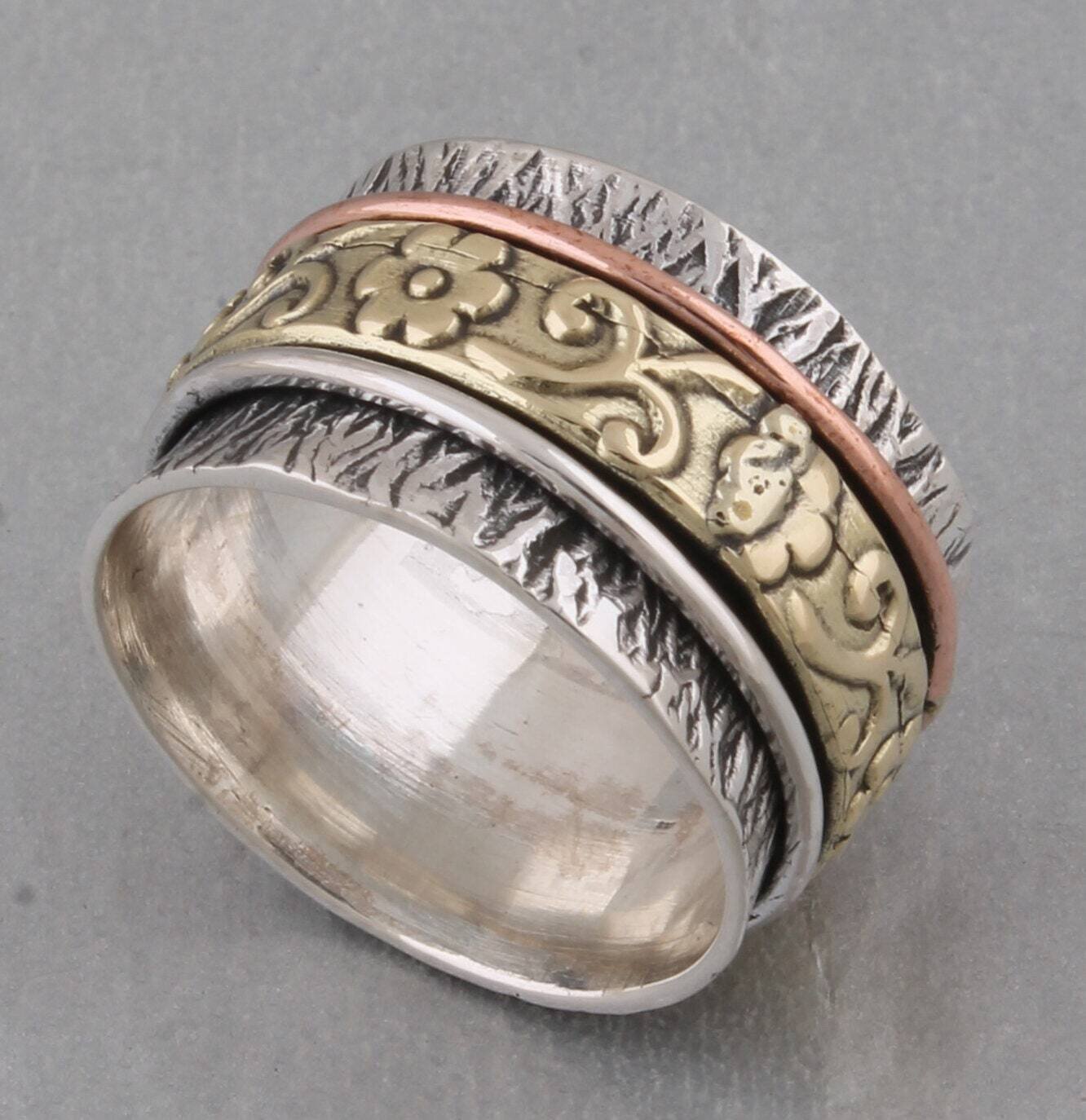 Flower 925 Sterling Silver &amp; Brass Spinner Band Ring, Three Tone Handmade Jewelry Gifts For Girlfriend, Christmas Gifts For IdeaBirthstone