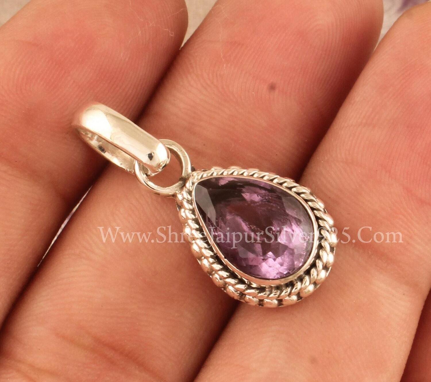Natural Purple Amethyst Solid 925 Sterling Silver Necklace Pendant For Women, Handmade Engraved Pear Silver Pendant For Wedding Anniversary
