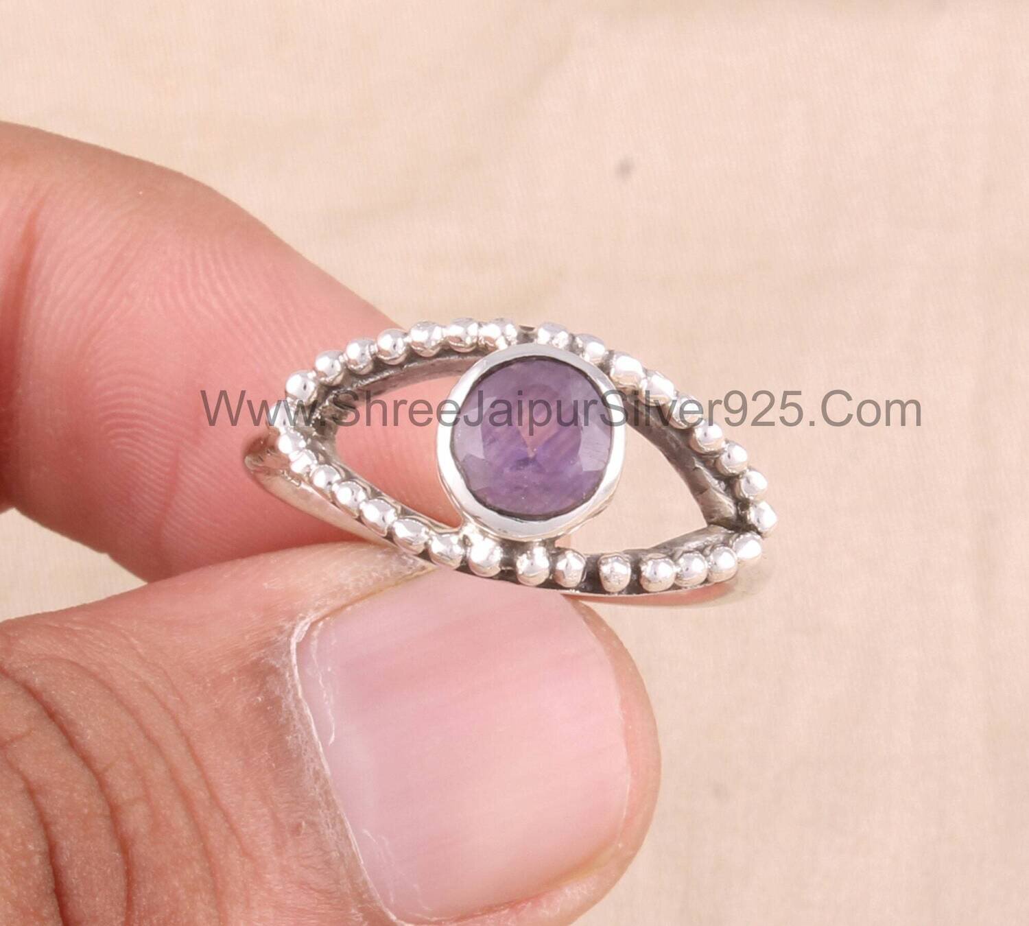 Amethyst Silver Ring, 925 Sterling Silver Evil Eye Ring, Round Amethyst Gemstone Ring, Evil Eye Ring, Designer Handmade Jewelry Gift Idea