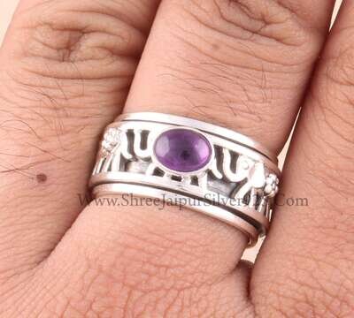 Natural Amethyst Oval Solid 925 Sterling Silver Elephant Spinner Ring For Women, Handmade Band Anxiety Fidget Ring Gifts For Anniversary