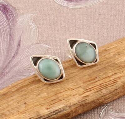 Larimar Gemstone Solid 925 Sterling Silver Stud Earrings, Designer Silver Earrings, Natural Gemstone Earrings, Handmade Earrings, Gift Idea
