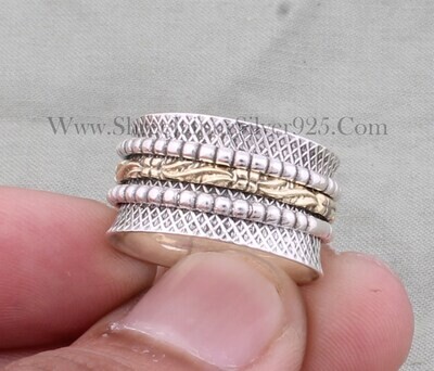 925 Sterling Silver &amp; Brass Designer Carved Spinner Ring, Handmade Two Tone Boho Meditation Ring, Valentine's Day Jewelry, Etsy Cyber 2021