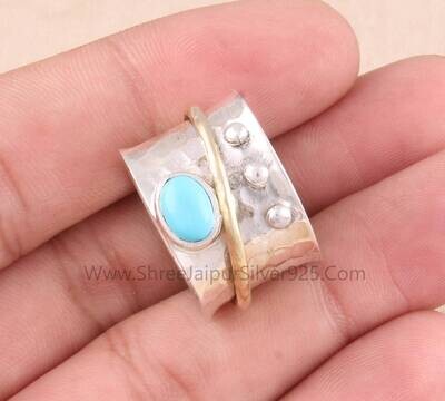 Turquoise Oval Solid 925 Sterling Silver Spinner Ring For Women, Handmade Hammered Band Two Tone Anxiety Fidget Ring Gifts For Anniversary