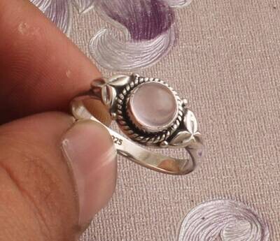 Natural Rose Quartz Silver Ring, 925 Sterling Silver Round Shape Gemstone Ring, Designer Leaves Gemstone Ring, Handmade Ring, Gift For Her