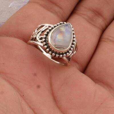 Natural Rainbow Moonstone Gemstone Ring 925 Sterling Solid Silver Ring,Top Quality Cabochon Multi Fire Ring,,Middle Finger Ring,Gift For Her