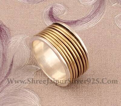 925 Sterling Silver &amp; Brass Designer Carved Spinner Ring, Handmade Two Tone Meditation Rings, Boho Worry Rings, Thumb Ring, Gift For Women