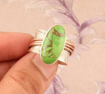 925 Sterling Silver &amp; Brass Green Jade Oval Gemstone Spinner Ring, Handmade Two Tone Meditation Ring, Valentine's Day Gift, Etsy Cyber 2021