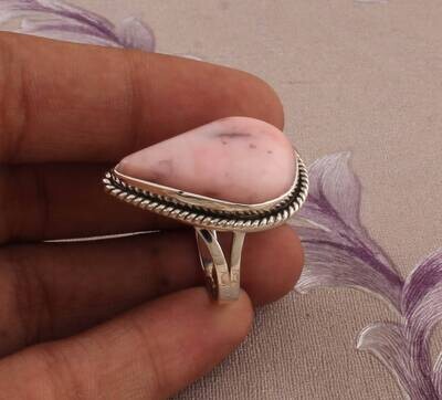 Natural Beautiful Pink Opal Top Quality Gemstone Ring Pear Shape,With Cabochon Stone Ring 925-Antique Silver Ring Middle Finger Ring