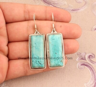Tibetan Turquoise Rectangle Shape Stone Solid 925 Sterling Silver Earrings For Women, Handmade Silver Earrings For Wedding Anniversary Gift