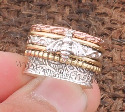 Honey Bee Silver Solid Spinner Ring | Solid 925 Sterling Silver Band Ring | Boho Worry Ring Meditation Ring  | Three Tone Band Ring For Gift