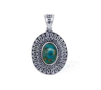 Blue Copper Turquoise Solid 925 Sterling Silver Necklace Pendant For Women, Handmade Silver Boho Oval Stone Pendant For Wedding Anniversary