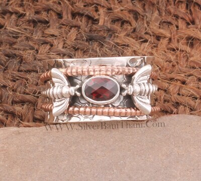 Red Garnet Gemstone Silver Spinner Ring | 925 Sterling Silver Faceted Cut Spin Ring | Designer Hand Carved Two Honey Bee Silver Ring