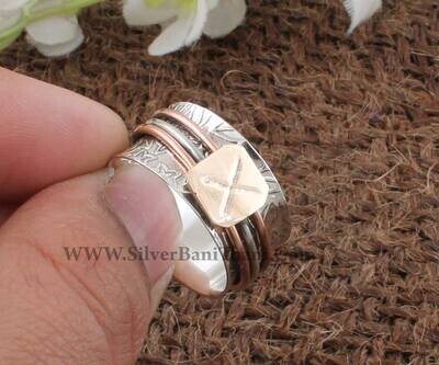 Designer Capital X Latter Two Tone Spinner Ring | 925 Sterling Silver & Brass Ring | Designer Handmade Band Ring | Boho Worry Ring Gift Idea