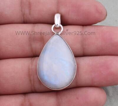 Natural Rainbow Moonstone Solid 925 Sterling Silver Necklace Pendant For Women, Handmade Moon Pear Pendant Gifts For Her Wedding Anniversary