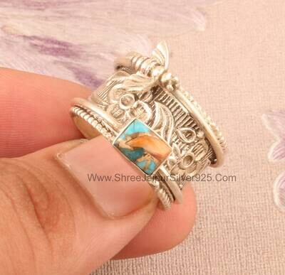Oyster Copper Turquoise Solid 925 Sterling Silver Spinner Ring For Women, Handmade Silver Honey Bee Turquoise Ring For Wedding Anniversary