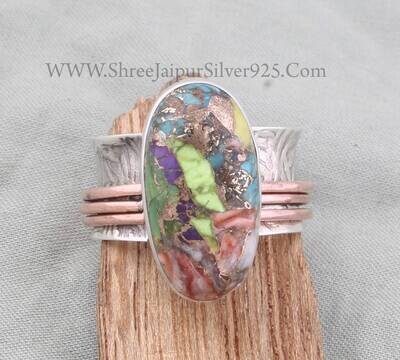 925 Sterling Silver &amp; Brass Mix Copper Turquoise Oval Gemstone Spinner Ring, Handmade Two Tone Meditation Ring, Valentine's Day Gift, Etsy