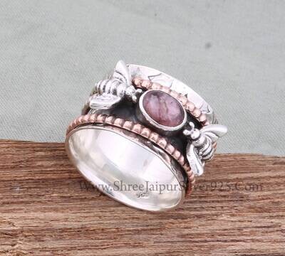 Natural Pink Tourmaline 925 Sterling Silver Spinner Ring For Women, Handmade Honey Bee Band Fidget Anxiety Ring Gifts For Her Anniversary