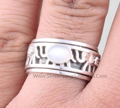 White Moonstone Oval Solid 925 Sterling Silver Elephant Spinner Ring For Women, Handmade Band Anxiety Fidget Ring Gifts Wedding Anniversary