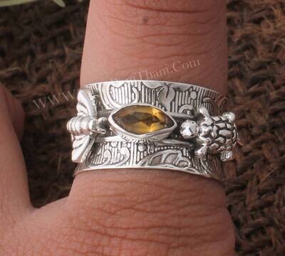 Smoky Quartz Gemstone Silver Spinner Ring | 925 Sterling Silver Ring | Designer Hand Carved Honey Bee &amp; Turtle Silver Ring Gift Idea