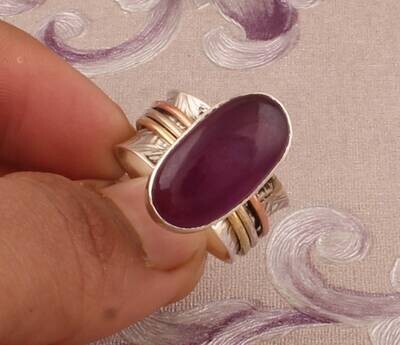 925 Sterling Silver & Brass Purple Jade Oval Gemstone Spinner RingBirthstone