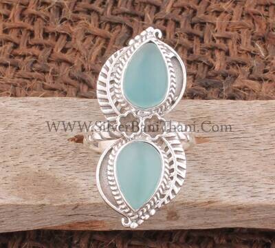 Aqua Blue Chalcedony Gemstone Silver Ring | 925 Sterling Silver Two Pear Shape Stone Ring | Carved Leaves Silver Ring | Wedding Jewelry Gift