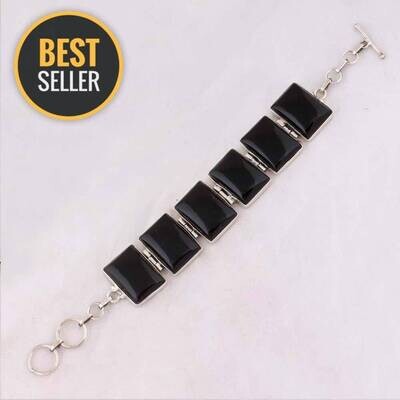 Natural Black Onyx Cushion Shape 925 Solid 925 Sterling Silver Toggle Bracelet For Women Wedding Anniversary Gift IdeaBirthstone