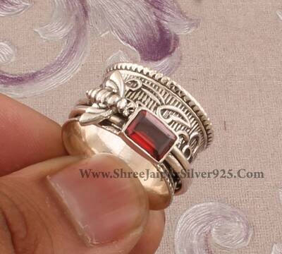 Red Garnet Solid 925 Sterling Silver Spinner Ring For Women, Handmade Silver Honey Bee Red Garnet Ring For Wedding Anniversary Gift