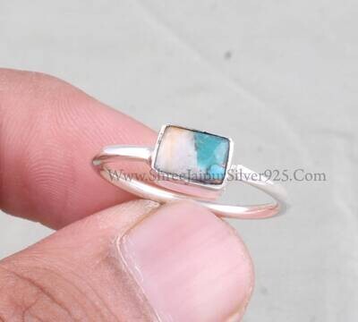 Oyster Copper Turquoise Solid 925 Sterling Silver Ring For Women Handmade Rectangle Bar Stone Band Ring For Wedding Anniversary Gift For Her
