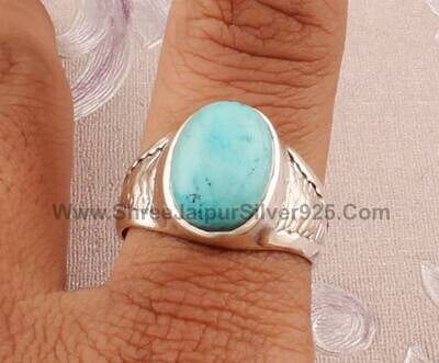 Tibetan Turquoise Oval Gemstone Ring, 925 Sterling Silver Handmade Gemstone Ring, Designer Textured Silver Band Ring, Wedding Gift For Her