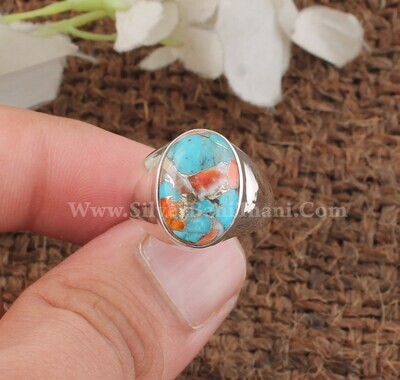 925 Sterling Solid Silver Oyster Copper Turquoise Silver Ring | Smooth Oval Shape Gemstone Designer Silver Ring | Women Wedding Jewelry Gift