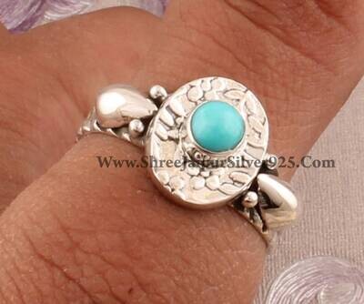 925 Sterling Silver Turquoise Round Gemstone Ring, Designer Handmade Carved Leaves Silver Ring, Women Wedding Jewelry, Valentine's Day Gift