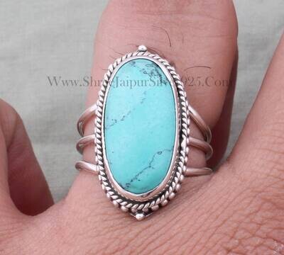 Tibetan Turquoise Solid 925 Sterling Silver Ring For Women, Handmade Oval Gemstone Three Silver Band Ring Gifts For Her Wedding Anniversary