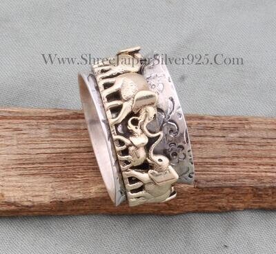 Elephant Family Ring,Thumb Ring 925-Sterling Solid Silver Ring,Spinner Ring,Antique Silver Ring,Silver & Brass Ring,Ring Gift For Him
