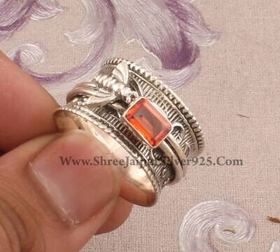 Orange Cubic Zirconia Solid 925 Sterling Silver Spinner Ring For Women, Handmade Silver Honey Bee Meditation Ring For Wedding Anniversary
