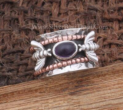 Natural Amethyst Gemstone Silver Spinner Ring 925 Sterling Silver Spinning Ring Hand Carved Two Honey Bee Silver Ring February Birthstone