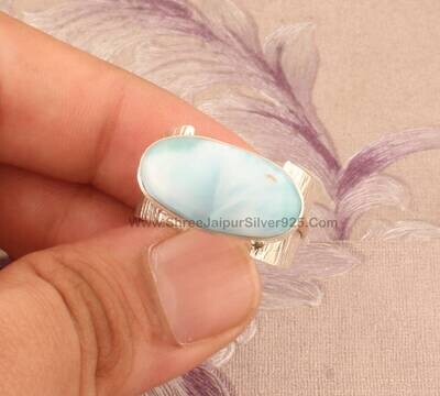 925 Sterling Silver &amp; Brass Larimar Ring, Natural Larimar Silver Band Ring, Designer Handmade Gemstone Silver Ring, Christmas Gift For Women