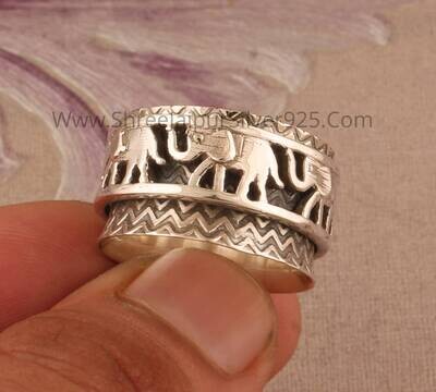 Elephant Family Spinner Ring, 925 Sterling Silver Spinner Ring, Handmade Thumb Silver Ring, Boho Textured Ring, Christmas Gift For Women