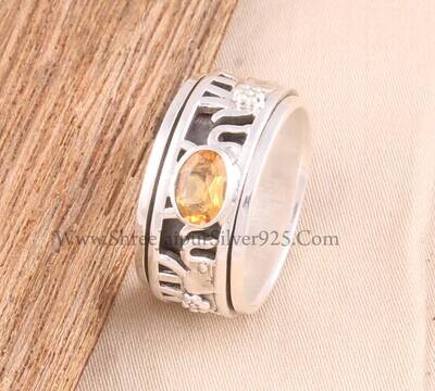 Natural Citrine Oval Cut Gemstone Solid 925 Sterling Silver Elephant Spinner Ring For Women, Handmade Band Anxiety Fidget Ring Gifts For Her