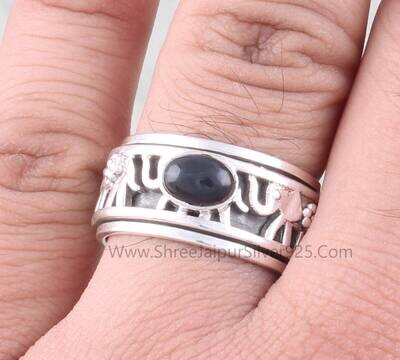 Black Onyx Oval Solid 925 Sterling Silver Elephant Spinner Ring For Women, Handmade Band Anxiety Fidget Ring For Wedding Anniversary Gifts