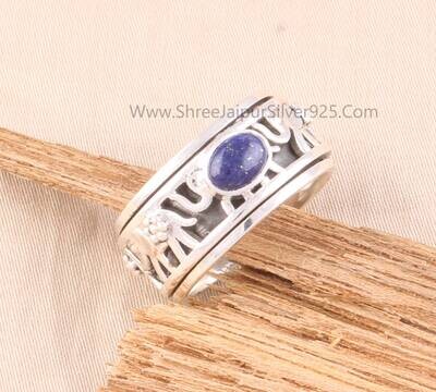 Lapis Lazuli Oval Solid 925 Sterling Silver Elephant Spinner Ring For Women, Handmade Band Anxiety Fidget Ring For Wedding Anniversary Gifts