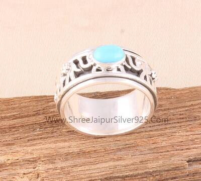 Turquoise Oval Solid 925 Sterling Silver Elephant Spinner Ring For Women, Handmade Band Anxiety Fidget Ring For Wedding Anniversary Gifts