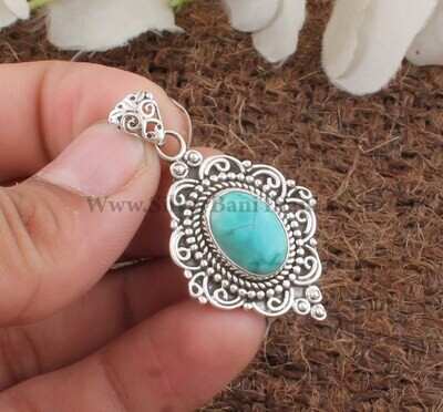 Tibetan Turquoise Oval Gemstone Pendant | 925 Sterling Silver Pendant | Designer Handmade Pendant | Present For Her | Boho Jewelry Girl Idea