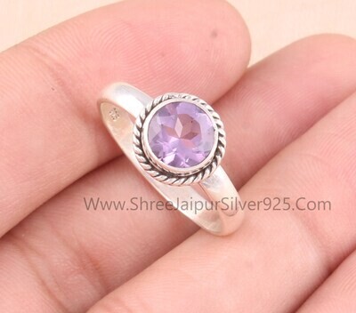 Amethyst Round Cut Stone Solid 925 Sterling Silver Ring For Women, Handmade Silver Designer Ring For Wedding Anniversary Gifts Birthstone